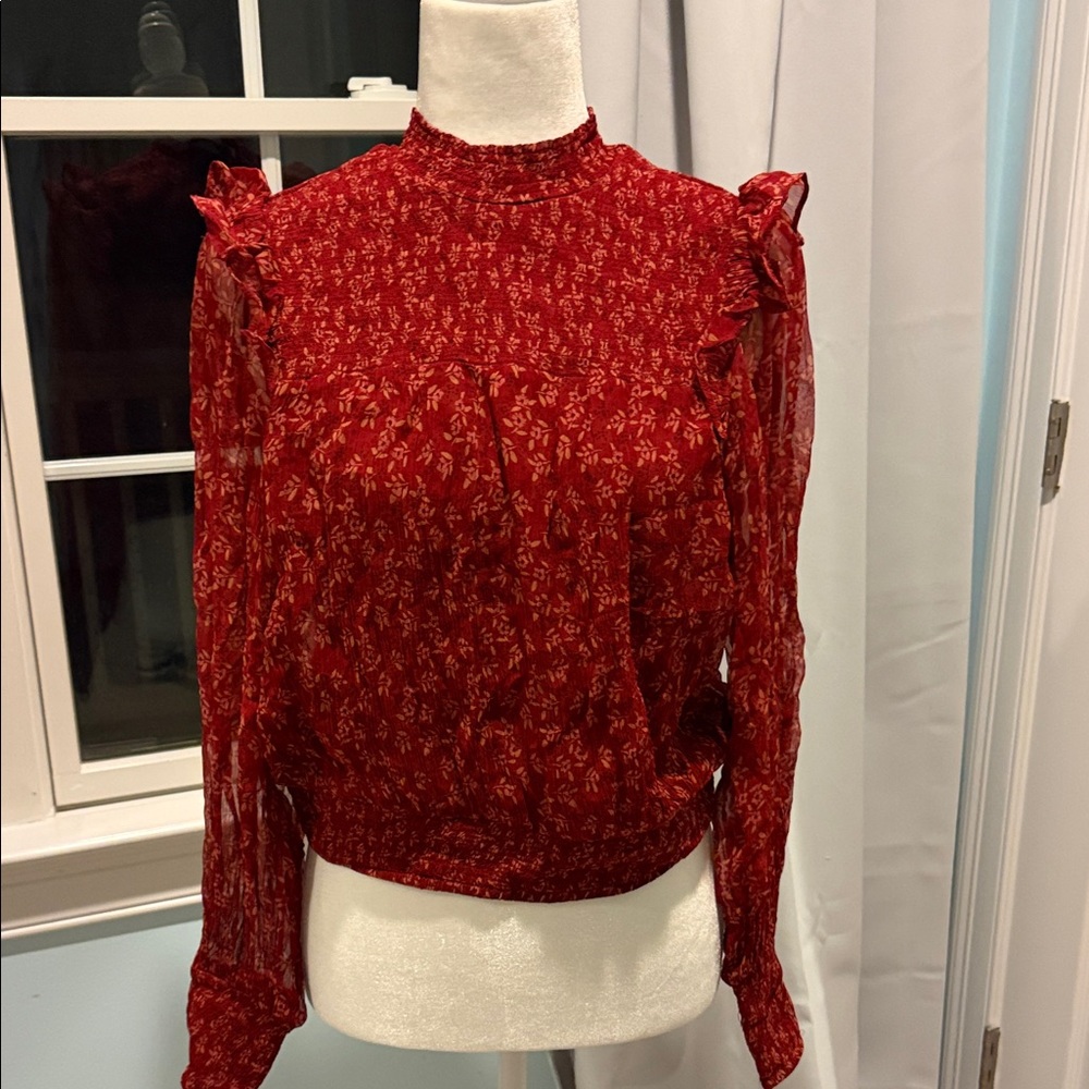 Free People Red Floral Blouse with Ruffle Details